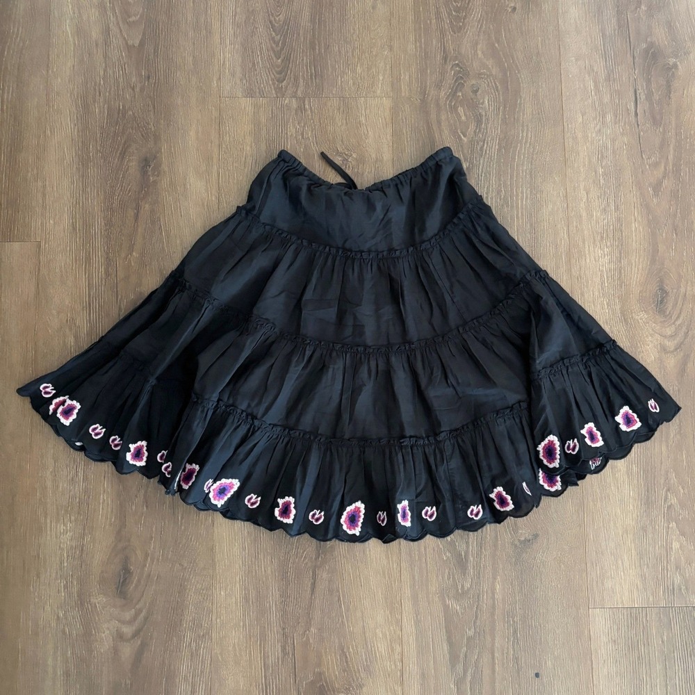 NEW MISA Los Angeles XS Tiered Mini Skirt‎ Black Embroidered Floral Flirty Fun